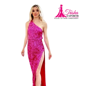 pink beaded evening dress